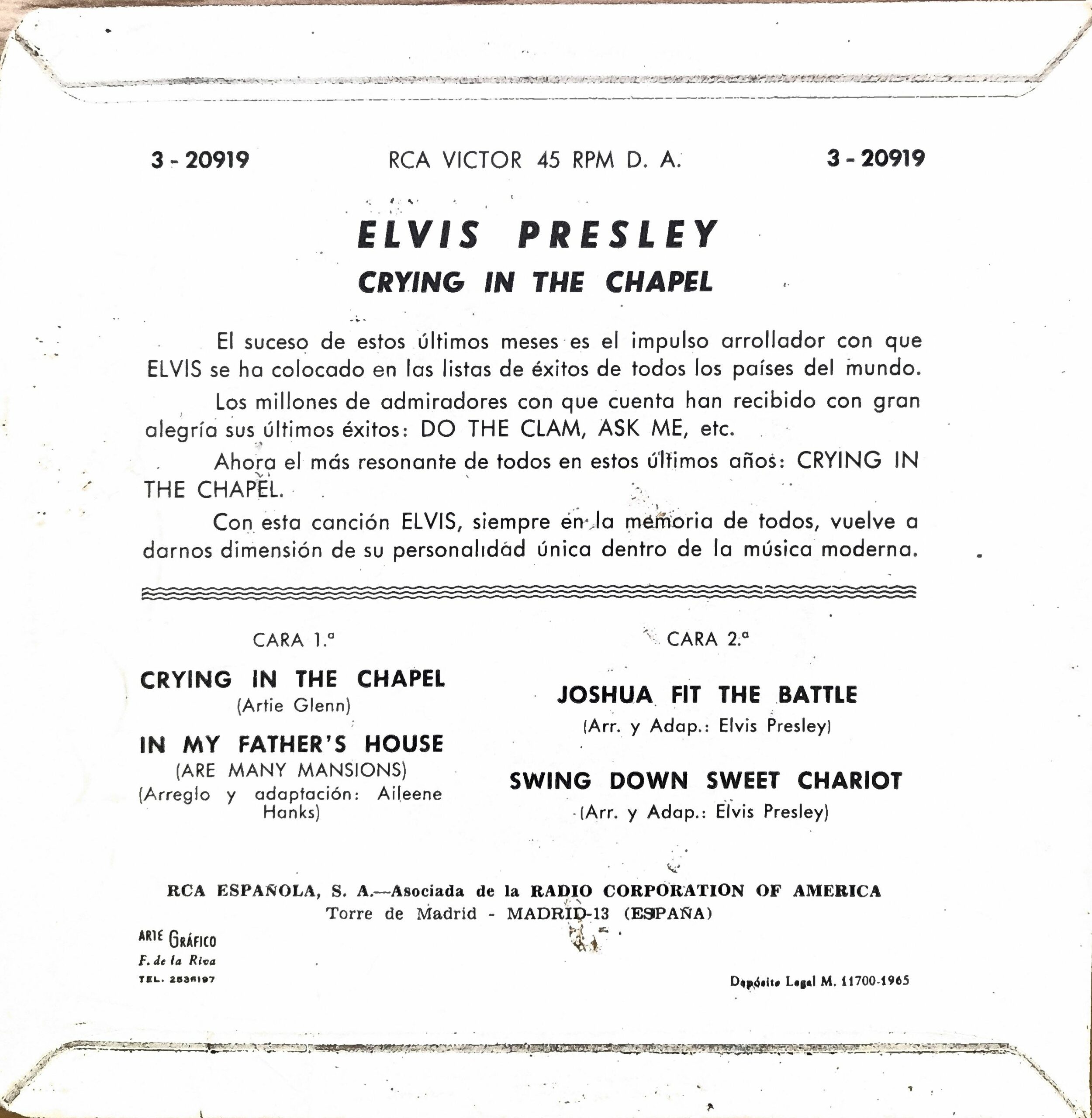 Elvis – Crying In The Chapel (7", EP SPAIN) - Imagen 2