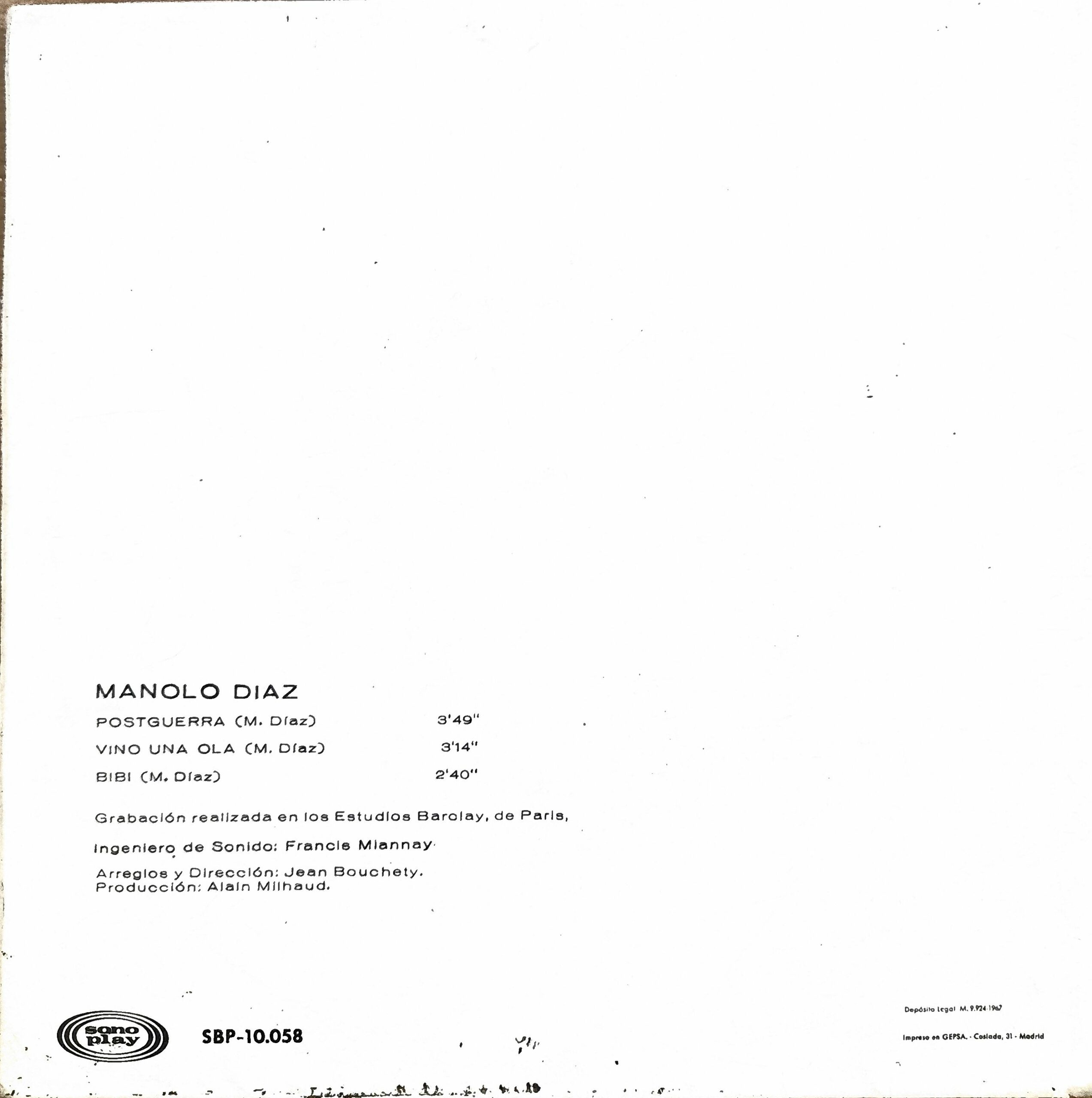 Manolo Díaz, Postguerra/ Vino una Ola/ Bibi. 7" EP - Imagen 2