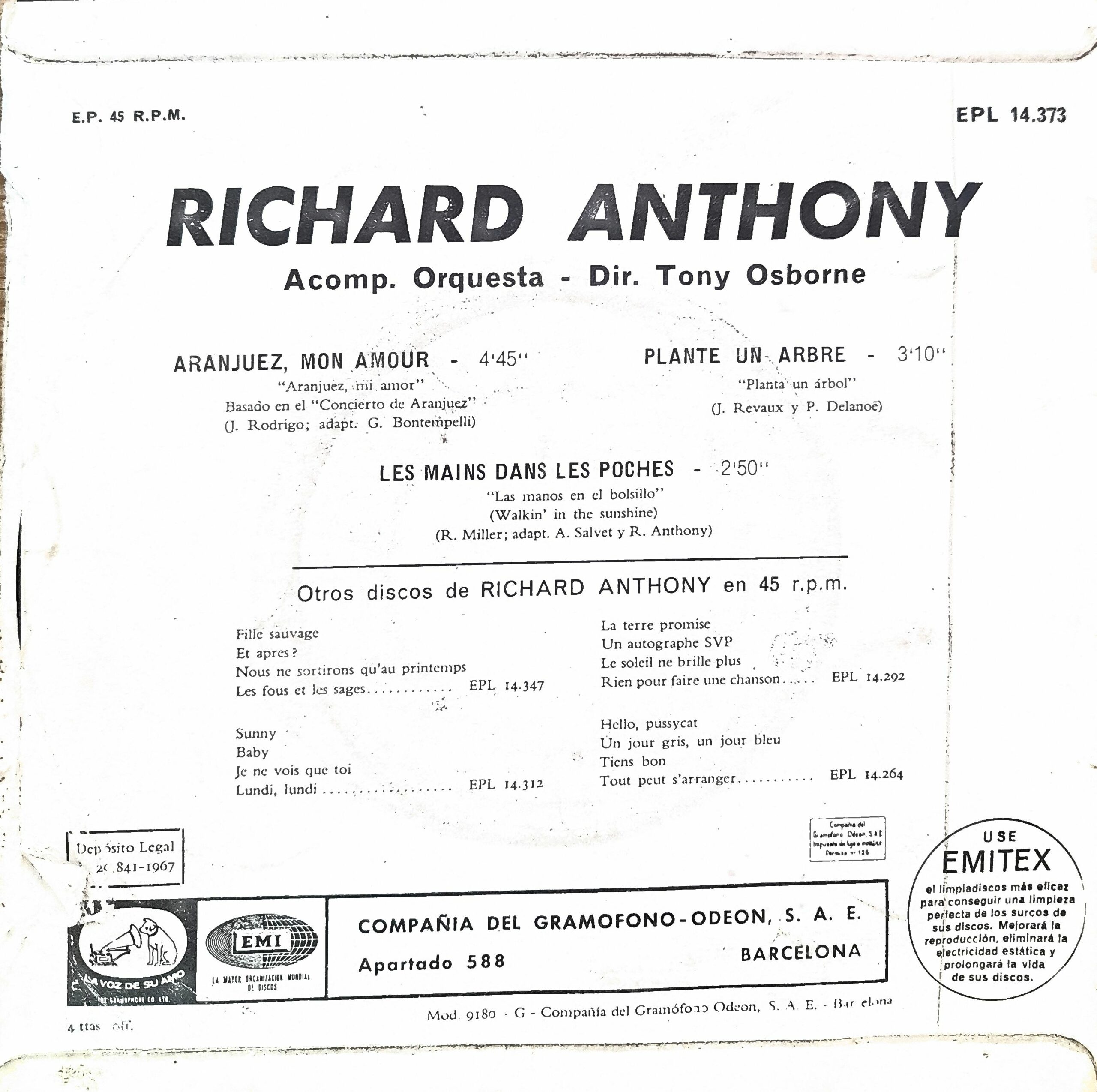 Richard Anthony - Aranjuez, Mon Amour. 7" EP - Imagen 2