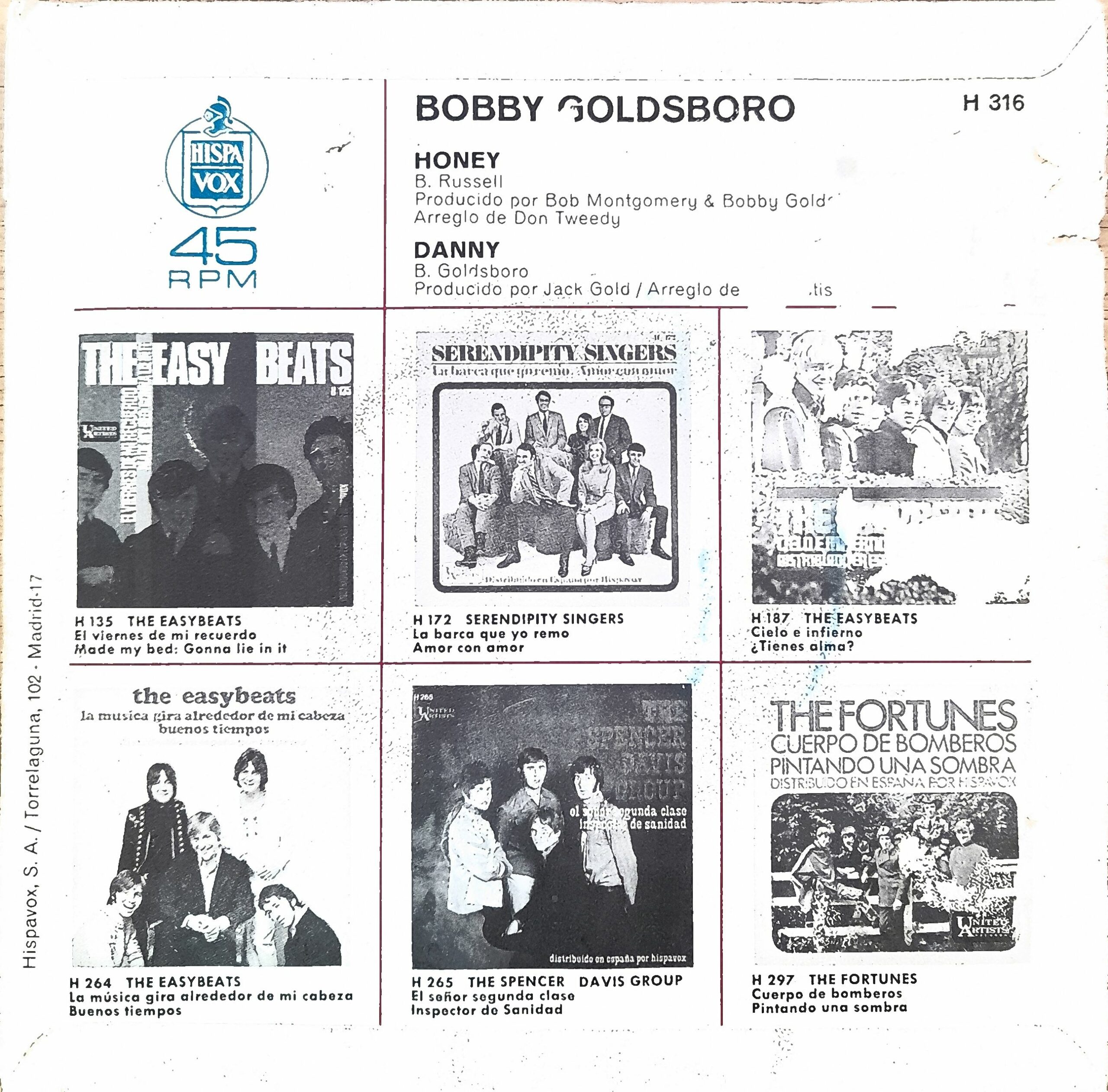 Bobby Goldsboro, “Honey / Danny”. 7" EP - Imagen 2
