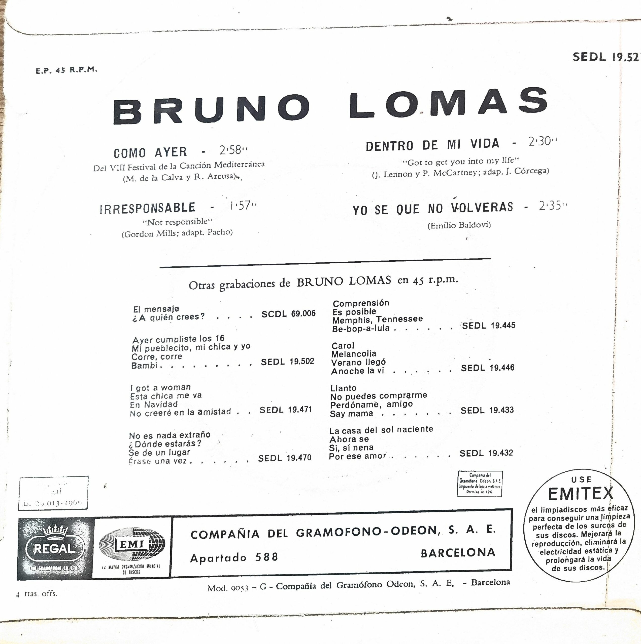 Bruno Lomas, “Como Ayer”. 7 " EP - Imagen 2