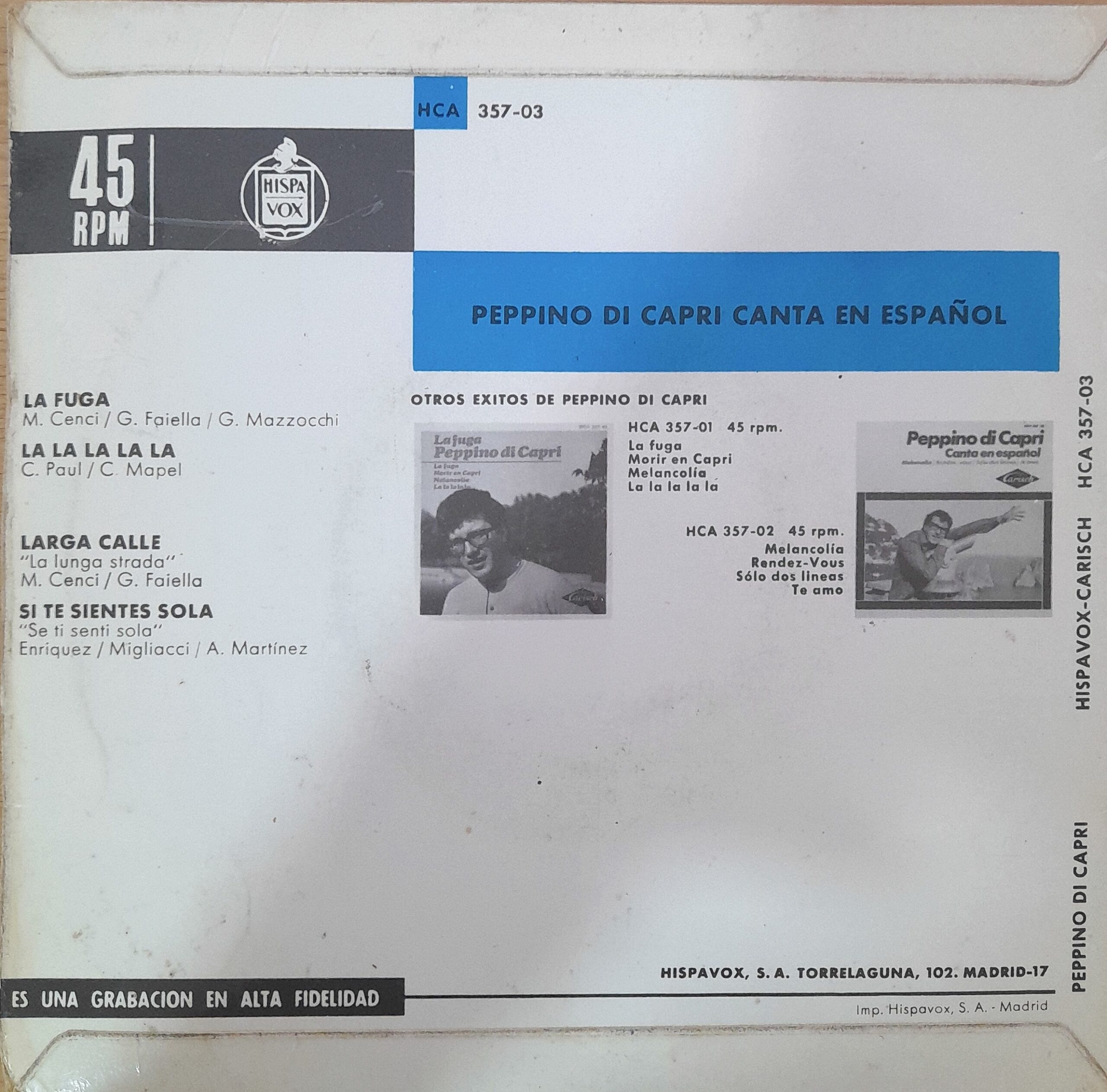 Peppino Di Capri: "Canta En Español". 7" EP - Imagen 2