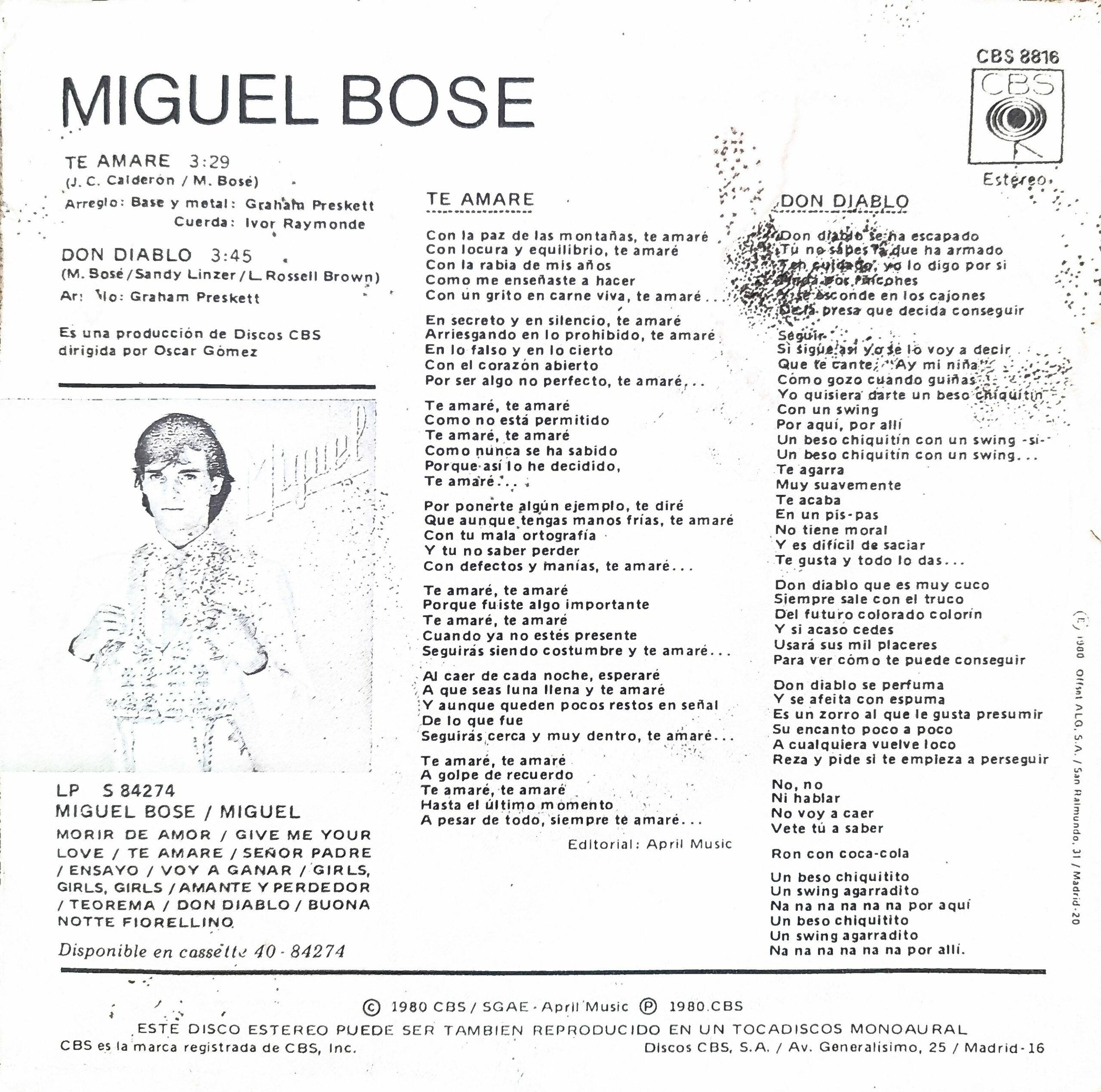 Miguel Bosé: “Te Amaré / Don Diablo”. 7" EP - Imagen 2