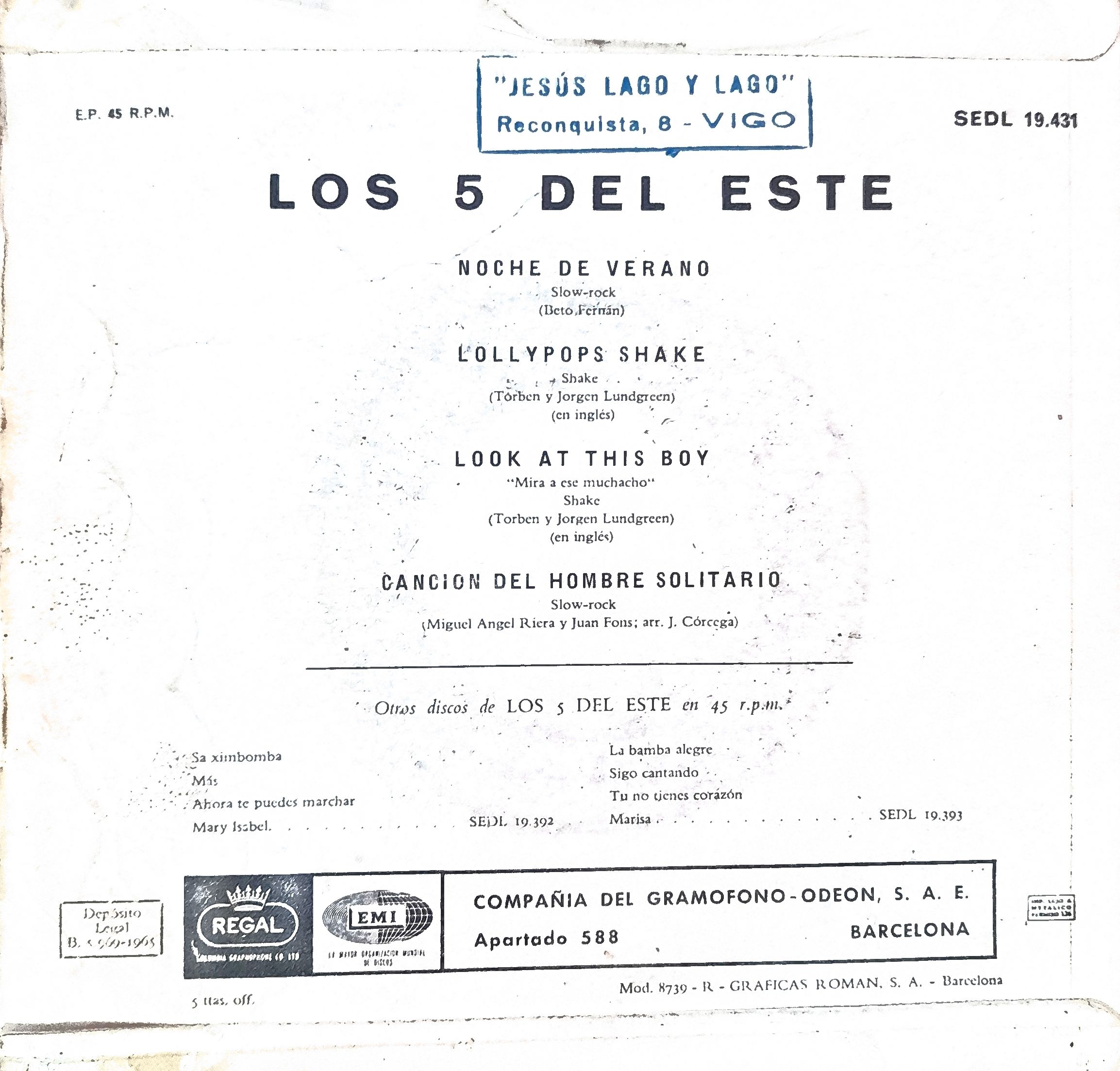 Los 5 Del Este: “Noche De Verano”. 7" EP - Imagen 2